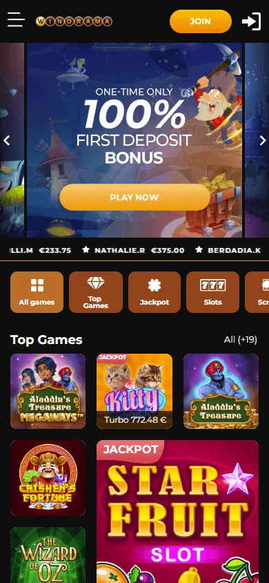 Winorama Casino home screen on a mobile device