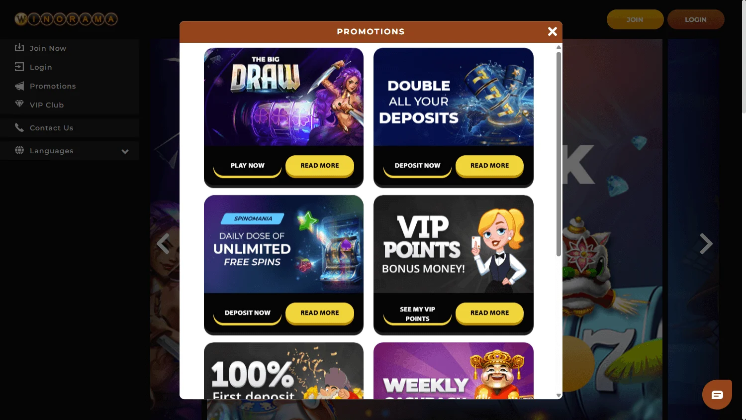 Winorama Casino promotions screen on desktop