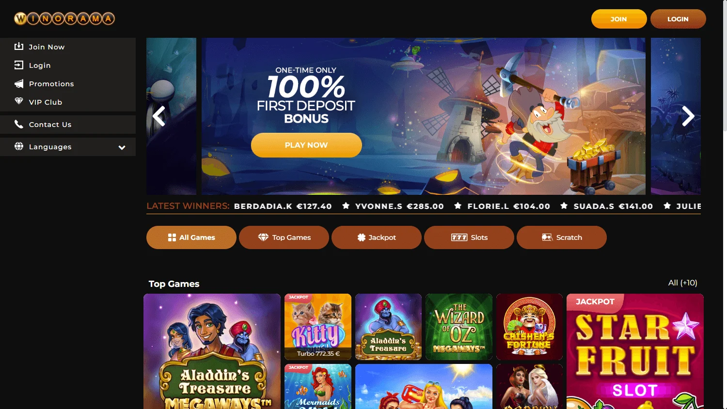 Winorama Casino home screen on desktop